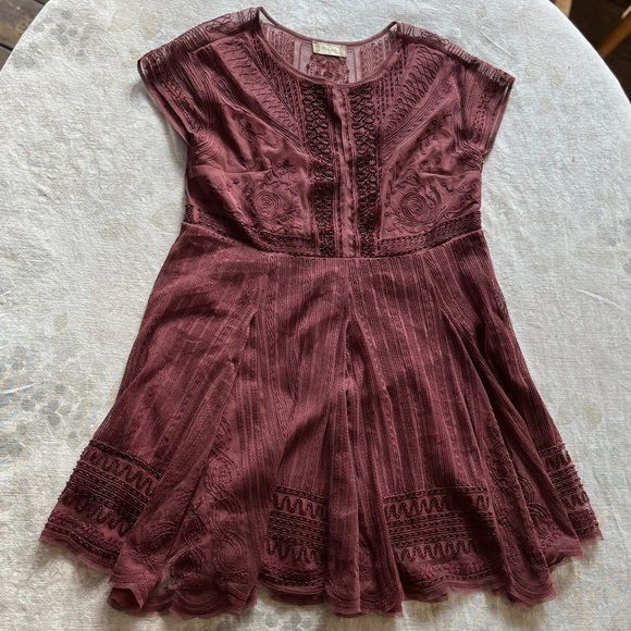 Altar'd State Dark Red Burgundy Beaded and Embroidered Flutter Sleeve Dress - Picture 1 of 15